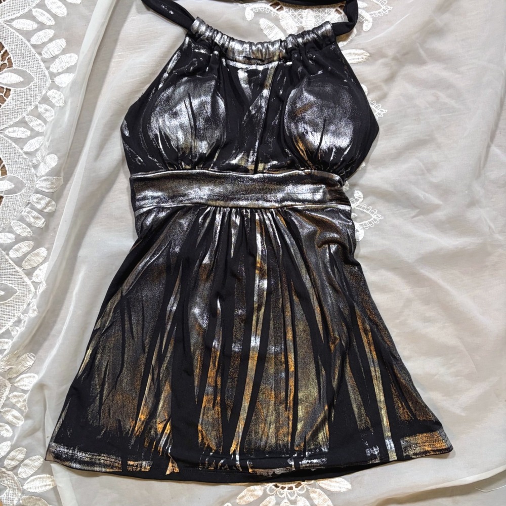Y2K Club Voice Black Silver Metallic Foil Halter Top Empire Waist Babydoll Part